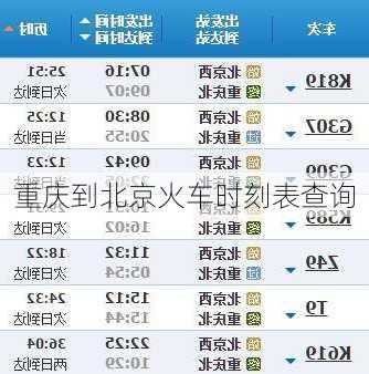 重庆到北京火车时刻表查询